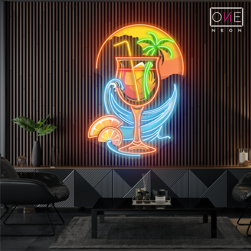 Enseigne néon LED œuvre d'art cocktail coucher de soleil tropical