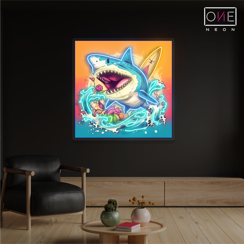 Enseigne Néon LED Requin Surfeur Attaque Dessin Artistique