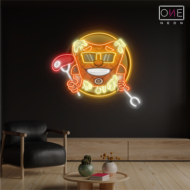 Enseigne néon LED artistique avec mascotte de steak de viande cool