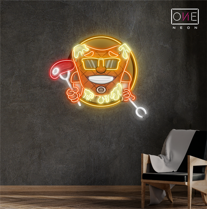 Enseigne néon LED artistique avec mascotte de steak de viande cool