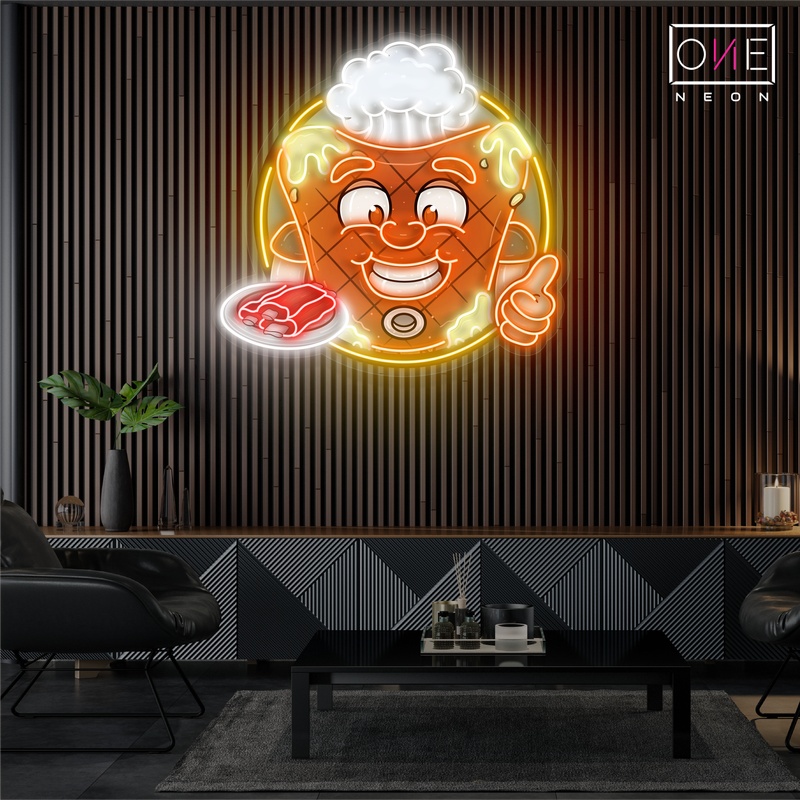 Enseigne lumineuse LED néon « Happy Mascot Of Meat Steak Artwork »