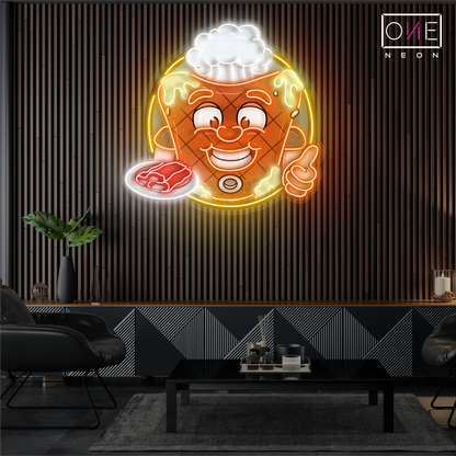 Enseigne lumineuse LED néon « Happy Mascot Of Meat Steak Artwork »