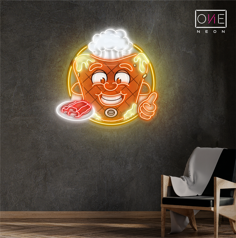 Enseigne lumineuse LED néon « Happy Mascot Of Meat Steak Artwork »