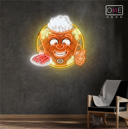 Enseigne lumineuse LED néon « Happy Mascot Of Meat Steak Artwork »