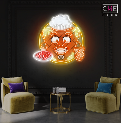 Enseigne lumineuse LED néon « Happy Mascot Of Meat Steak Artwork »