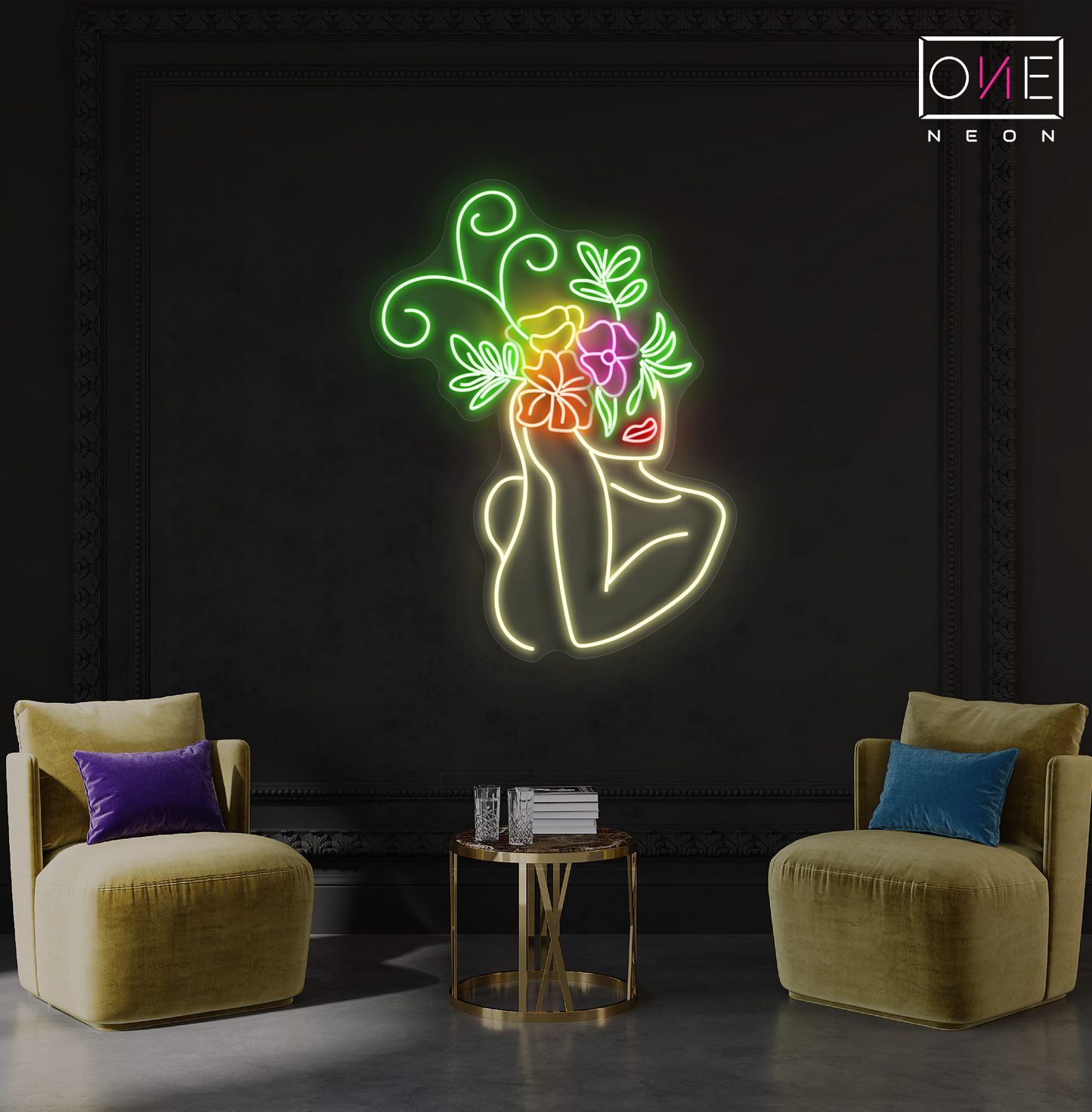 Enseigne néon LED œuvre d'art florale