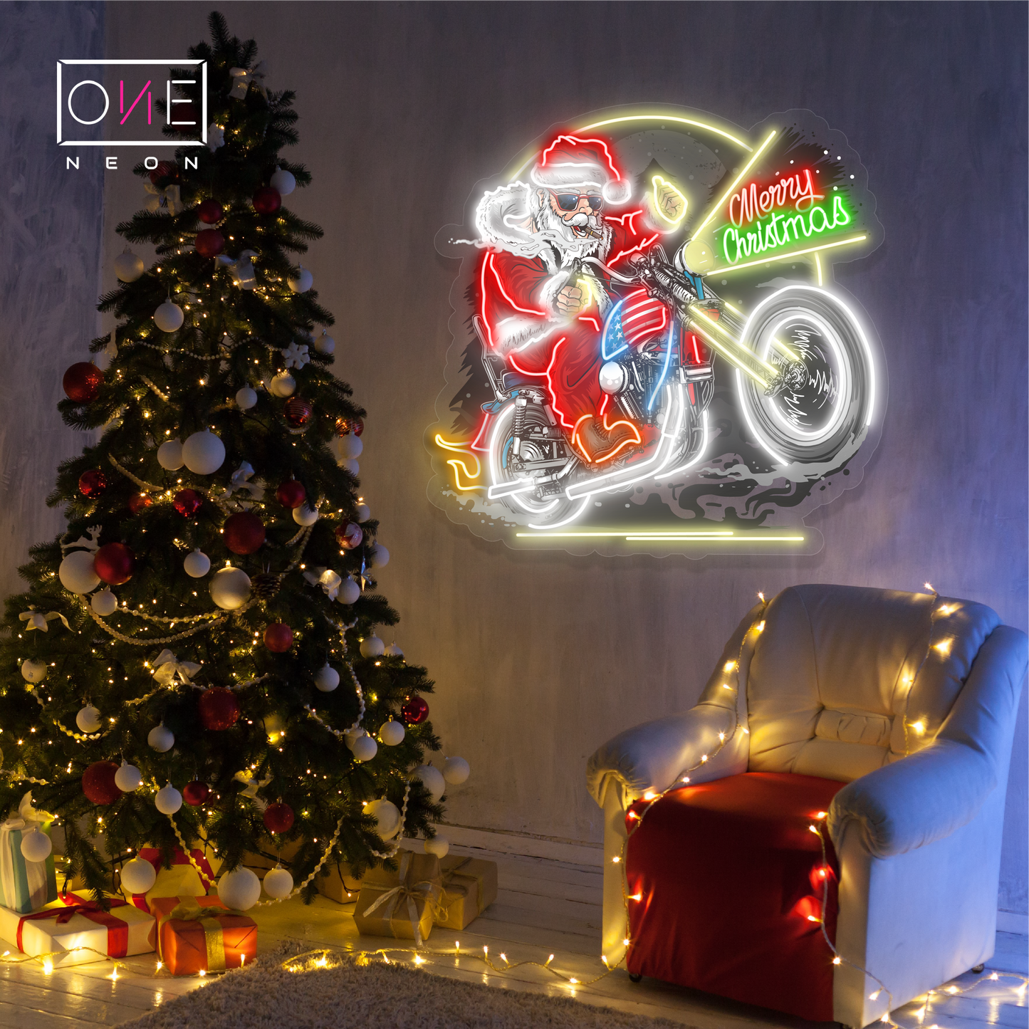 Enseigne néon LED Père Noël Motard Décoration de Noël