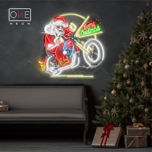 Enseigne néon LED Père Noël Motard Décoration de Noël