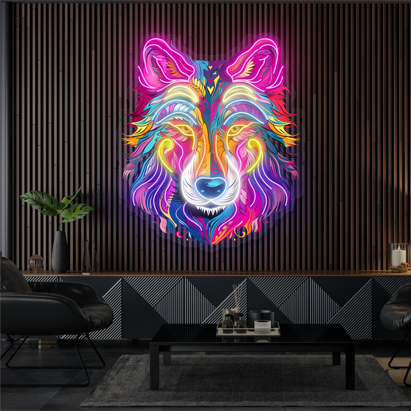 Enseigne néon LED œuvre d'art loup aurore