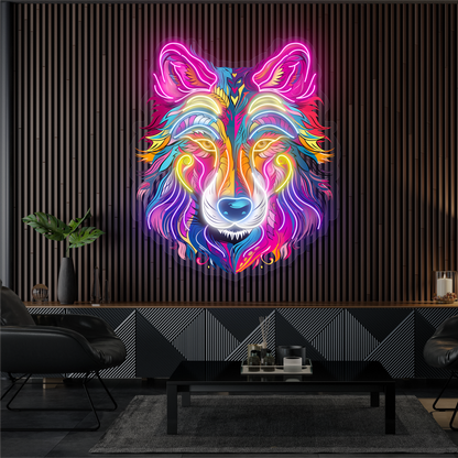 Enseigne néon LED œuvre d'art loup aurore