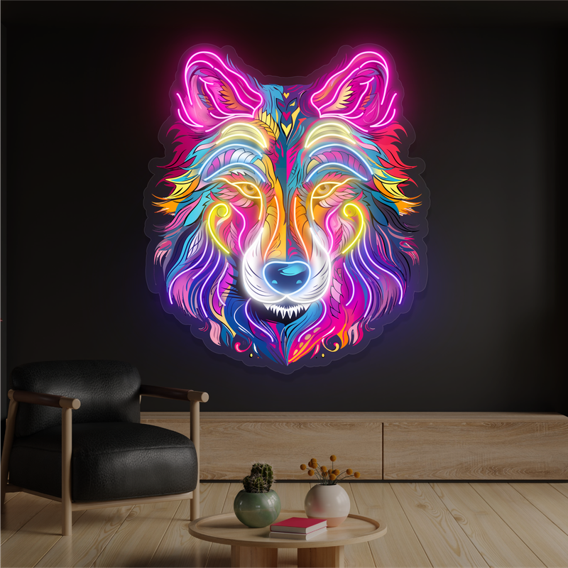 Enseigne néon LED œuvre d'art loup aurore