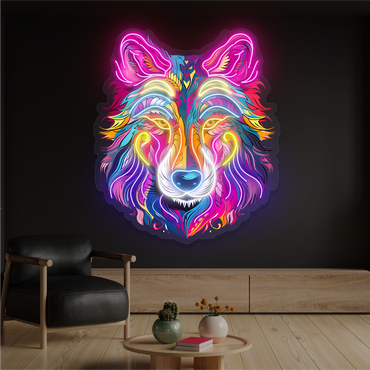 Enseigne néon LED œuvre d'art loup aurore