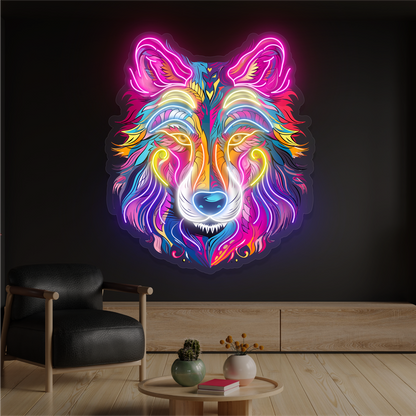 Enseigne néon LED œuvre d'art loup aurore