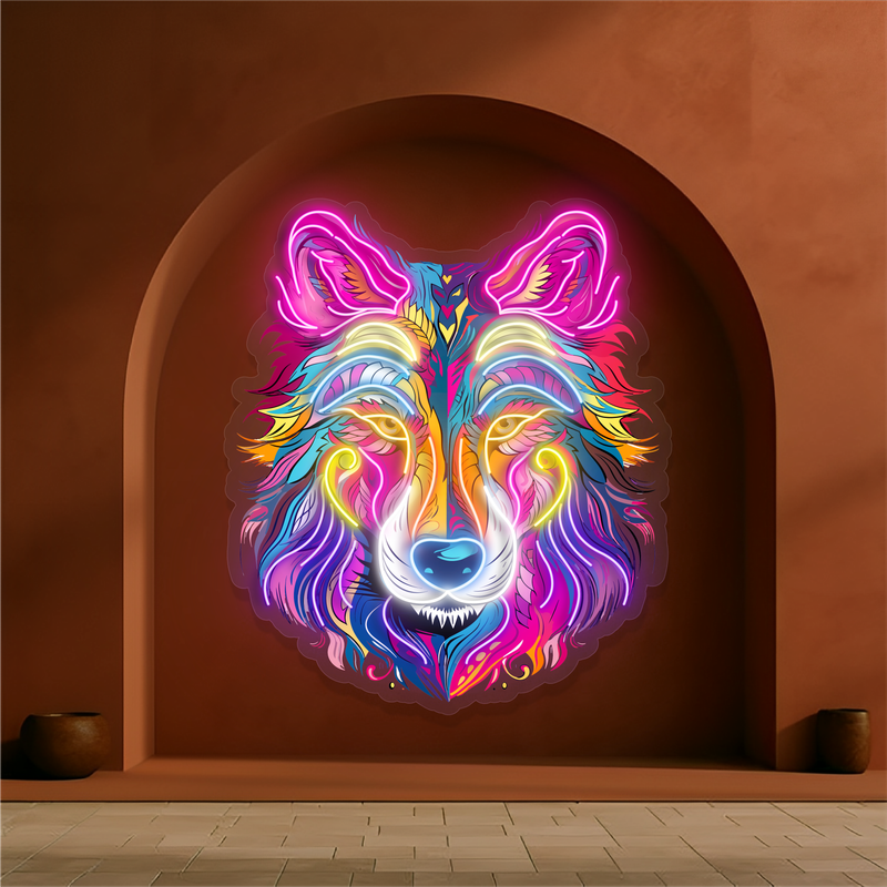 Enseigne néon LED œuvre d'art loup aurore