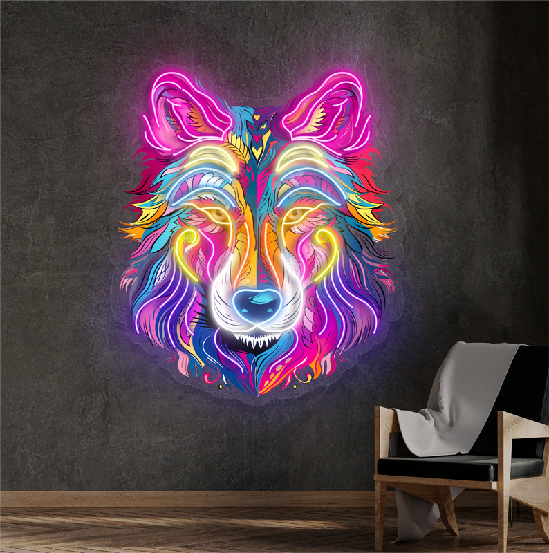 Enseigne néon LED œuvre d'art loup aurore