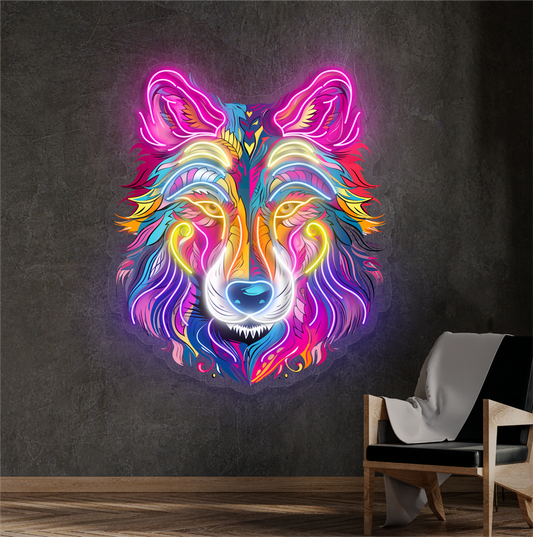 Enseigne néon LED œuvre d'art loup aurore