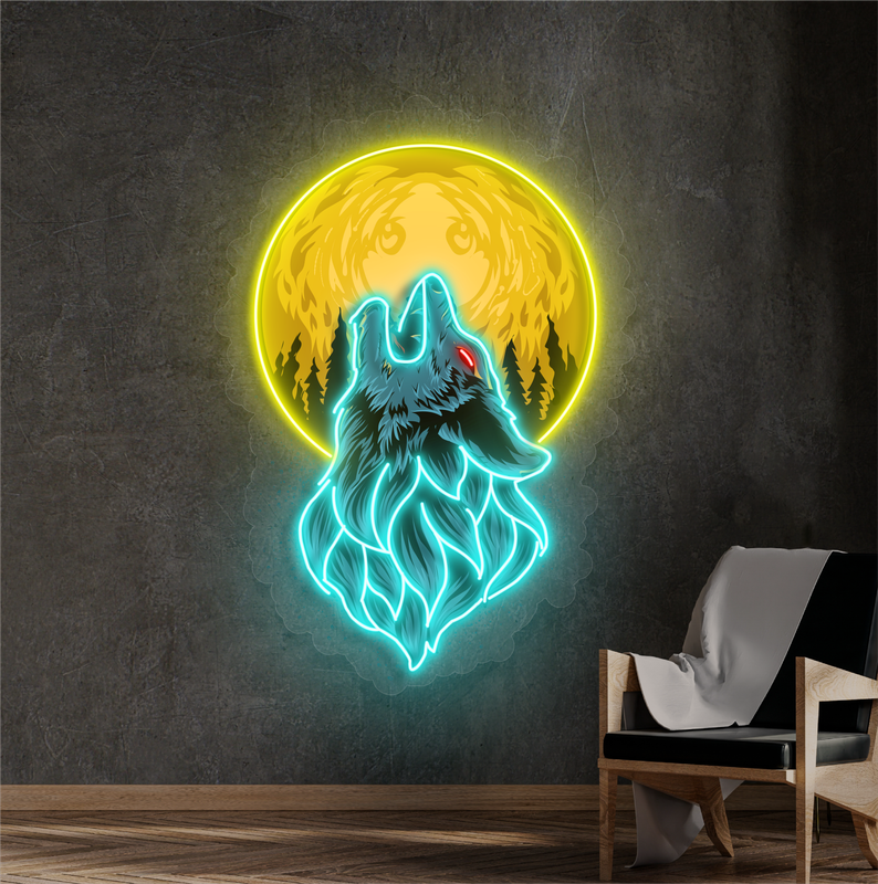 Enseigne néon LED Loup au Clair de Lune