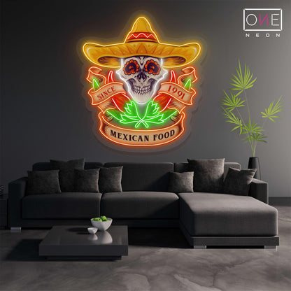 Enseigne Néon LED Tête de Mort Nourriture Mexicaine