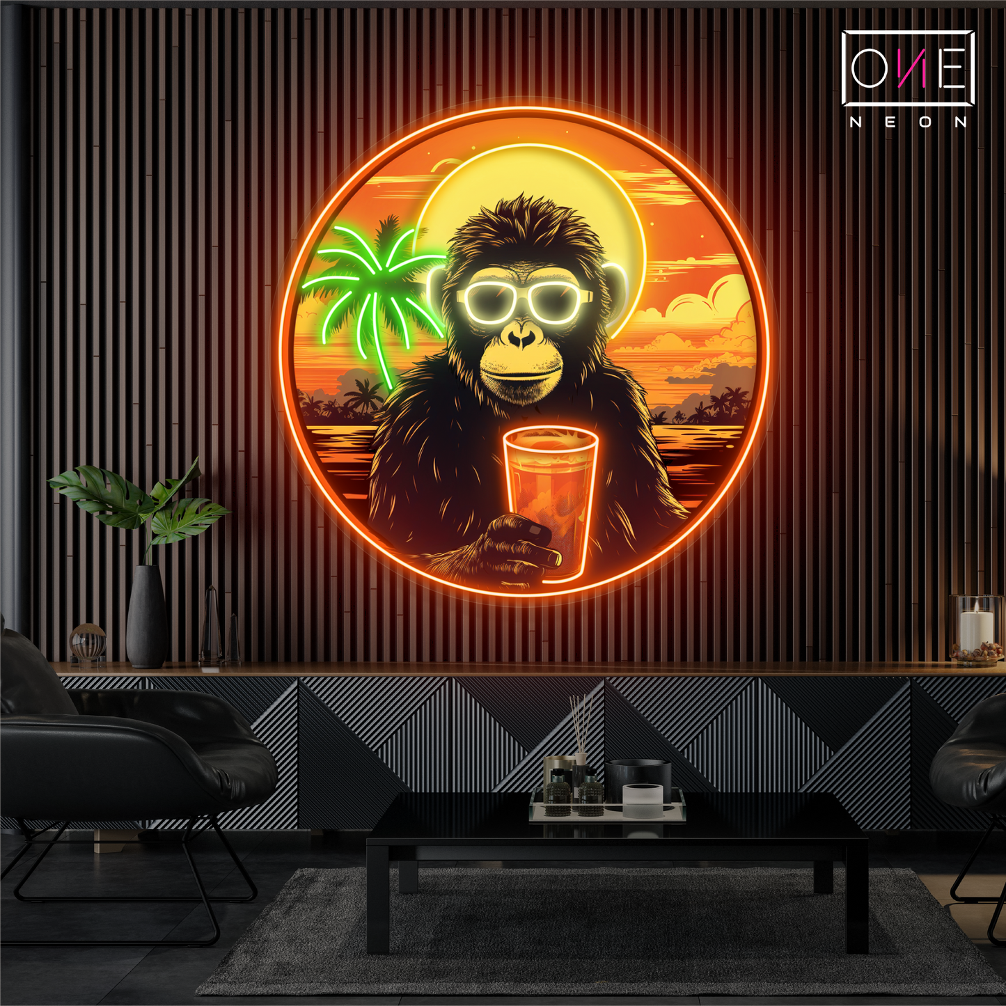 Enseigne néon LED "Chimpanzé au coucher du soleil"