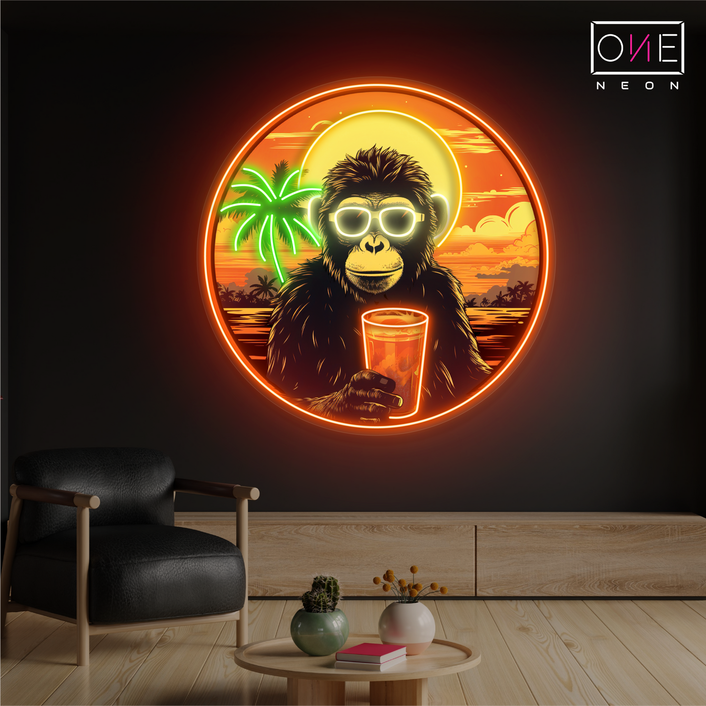 Enseigne néon LED "Chimpanzé au coucher du soleil"