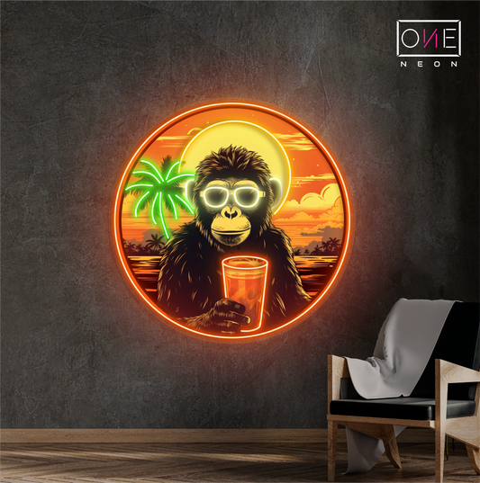 Enseigne néon LED "Chimpanzé au coucher du soleil"