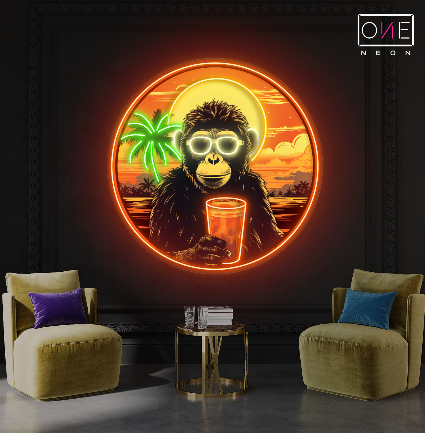 Enseigne néon LED "Chimpanzé au coucher du soleil"