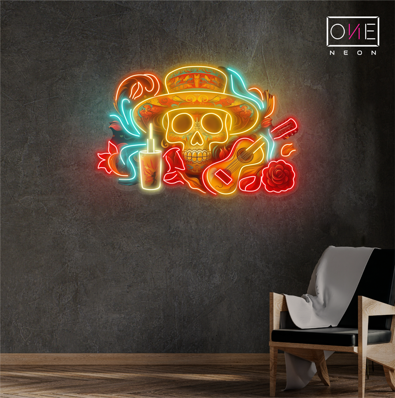 Enseigne néon LED Mariachi Tête de Mort Sérénade