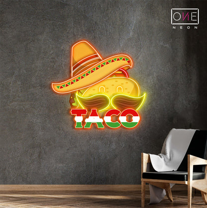 Enseigne néon LED artistique de taco avec chapeau mexicain