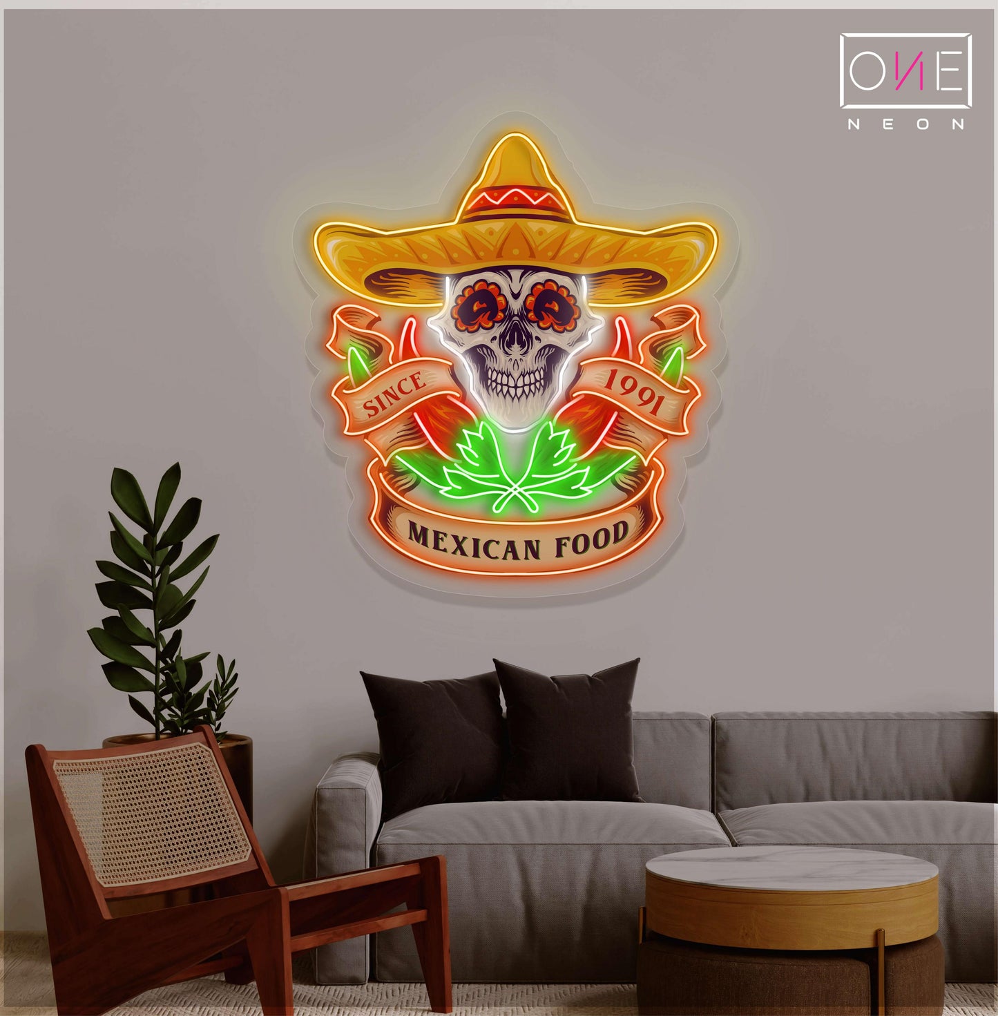 Enseigne Néon LED Tête de Mort Nourriture Mexicaine