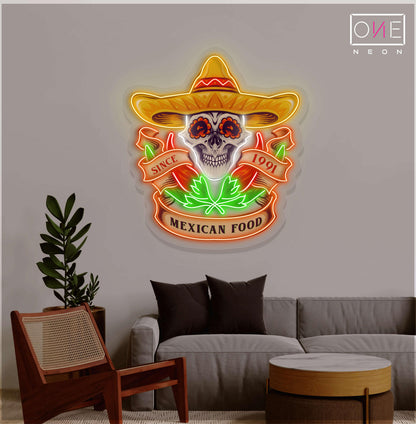 Enseigne Néon LED Tête de Mort Nourriture Mexicaine