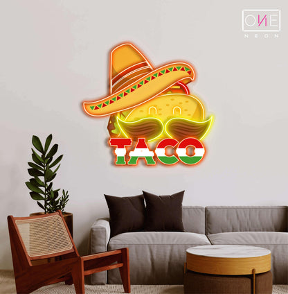Enseigne néon LED artistique de taco avec chapeau mexicain