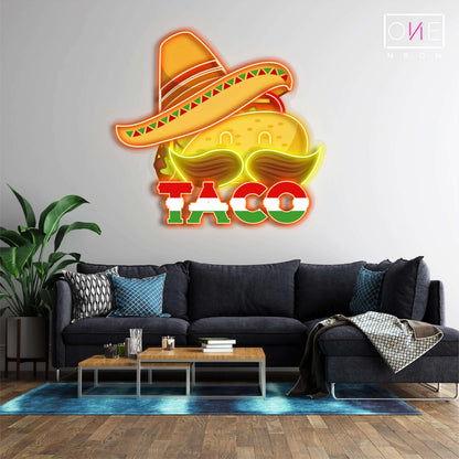 Enseigne néon LED artistique de taco avec chapeau mexicain