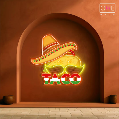 Enseigne néon LED artistique de taco avec chapeau mexicain