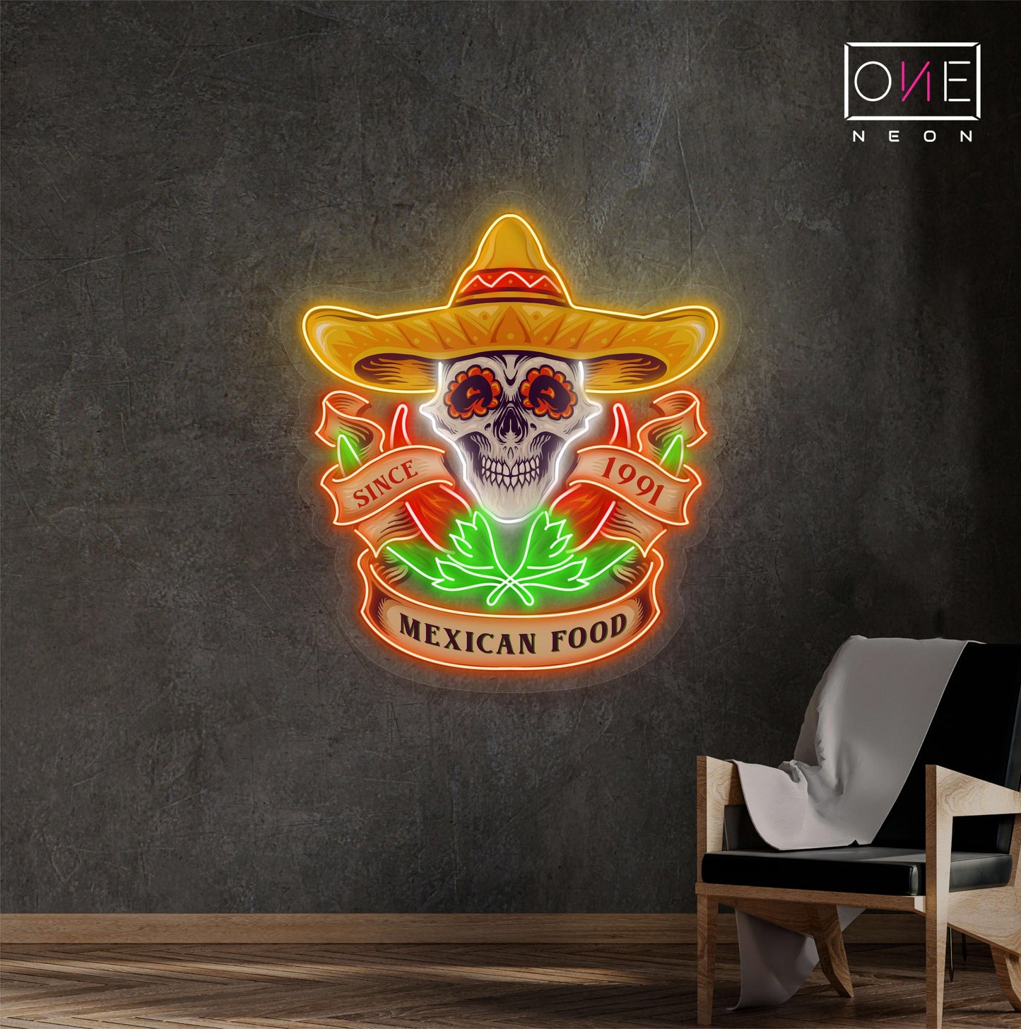 Enseigne Néon LED Tête de Mort Nourriture Mexicaine