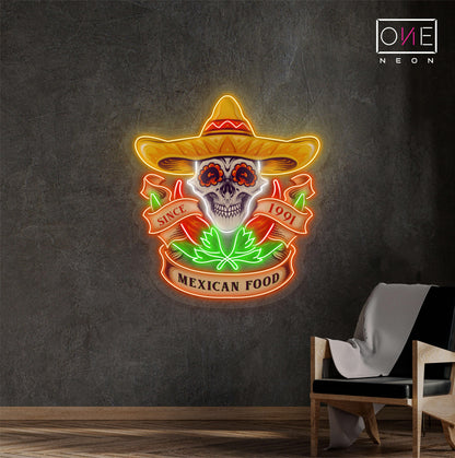Enseigne Néon LED Tête de Mort Nourriture Mexicaine