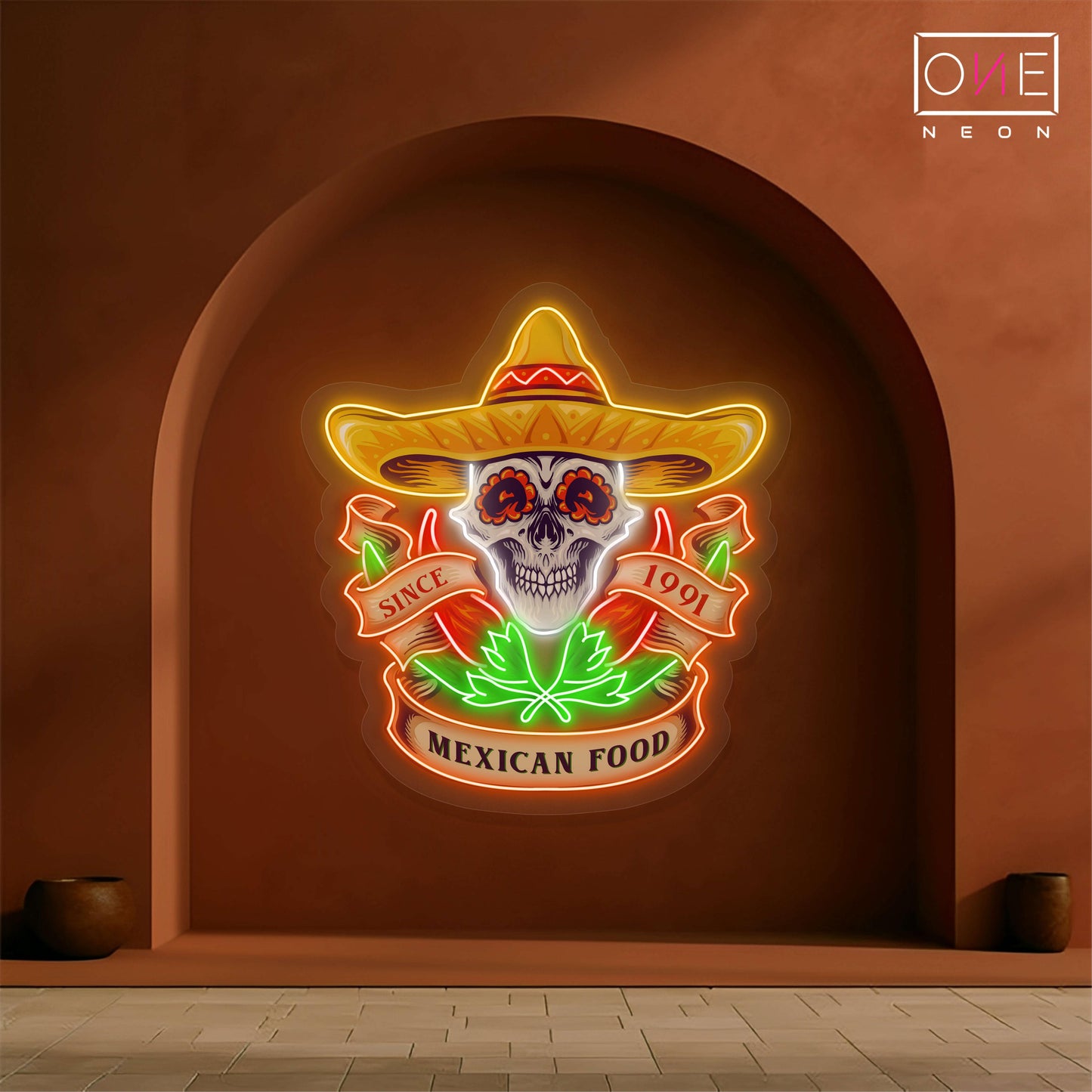 Enseigne Néon LED Tête de Mort Nourriture Mexicaine